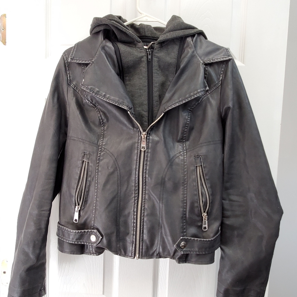 Faux leather jacket with removable hood